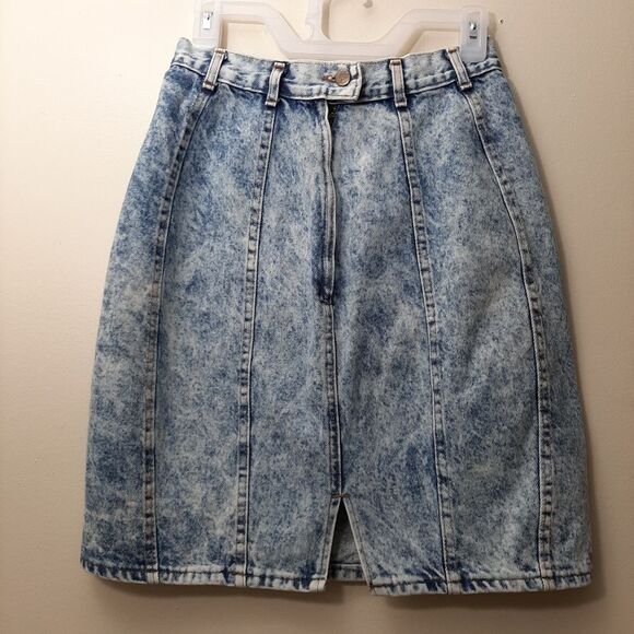 Vintage Chic High Waisted Knee Length Stonewash Acid Wash Denim Skirt Small - Picture 2 of 10